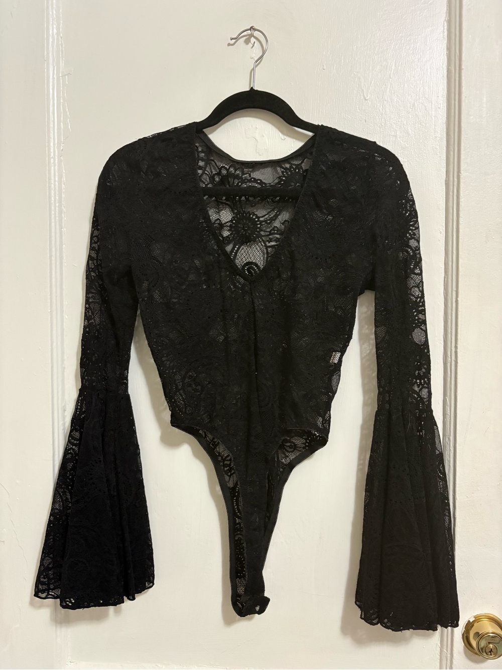 Black Lace Bell-Sleeve V-Neck Bodysuit - Women